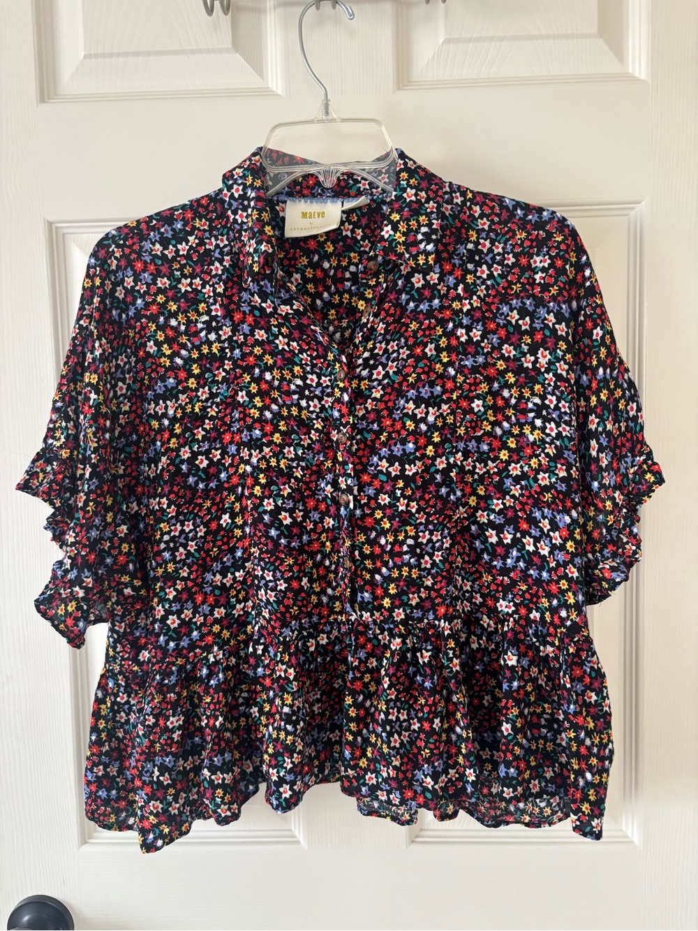 Maeve Black Floral Ruffle-Sleeve Boxy Button Front Top XS